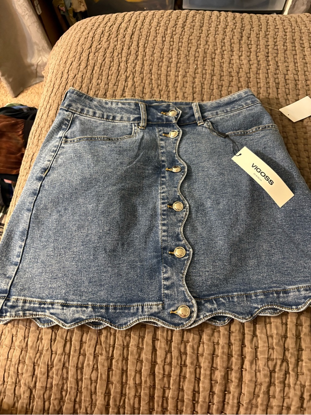 Vigoss Blue Denim Scallop Button-Front Mini Skirt